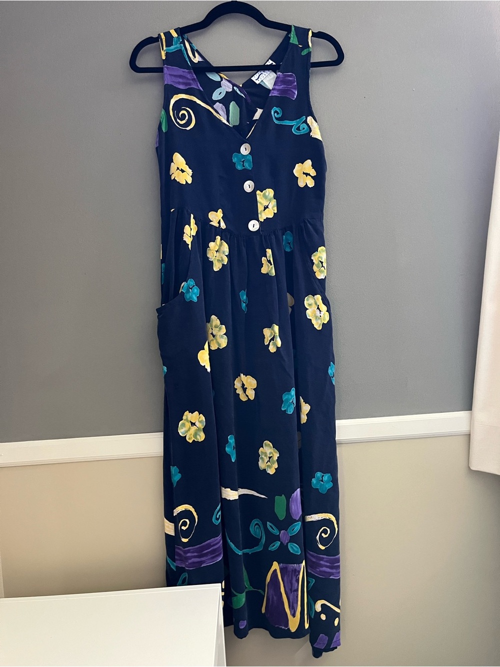 Club Med Vintage 80s 90s Resortwear Vacation Sleeveless Navy Floral Maxi Dress